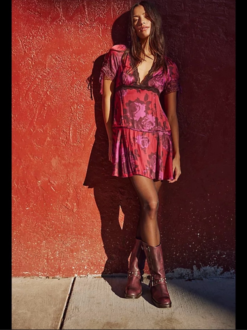 Free People Pink-Red Jos Floral Mini Dress